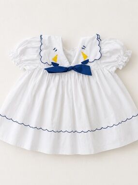 Vintage Nautical Sailboat Baby Dress 12 Months Puff Sleeve White Blue Heirloom